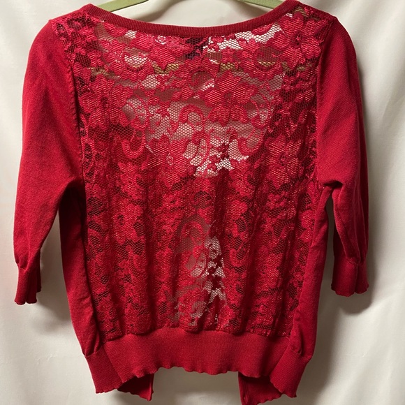 Wet Seal Red cardigan with lace back and top faux diamond / crystal button. - Picture 2 of 8